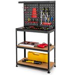 Goplus Workbench with Pegboard, Heavy-duty Steel Tool Table with 2 Open Shelves, 13 Hanging Accessories Included, Multipurpose Workstation for Garage, Home, Workshop