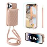 MONASAY Fit for iPhone 15 Pro PU Leather Zipper Wallet Case for Women,[Glass Screen Protector][RFID Blocking] Handbag Phone Cover with Card Holder & Crossbody Lanyard Strap, Rosegold