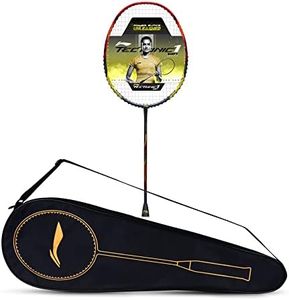 Li-Ning Tectonic 1S Carbon Fibre Strung Badmiton Racket with Full Cover | for Professional | Havey Head | Dynamic Optimum Frame | Maximum String Tension- 26lbs | Size: 4U (83gm) | Grey-Red-Lime