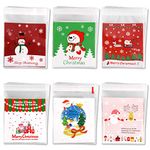 FEPITO 200 Pcs Christmas Cookie Treat Bags Candy Bags Self Adhesive Clear Cookie Bags Trick Cellophane Treat Bags for Party Gift Supplies, 6 Styles