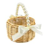 BETAULIFE Wicker Rattan Flower Girl Basket with Bows,Pearl Handle Flower Girl Basket,Wedding Flower Girl Basket and Home Decorations. (1)