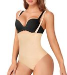 FIVEGOGO Thong Shapewear for Women Tummy Control Panties 3 In 1 Seamless Slim Body Shaper High Waist Underwear, Beige, Medium-Large