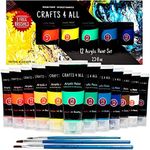 Crafts 4 All Large Acrylic Paint Set - 12 Vibrant Colors in 75ml Tubes w/ 3 Bonus Brushes - Professional Art Supplies for Painting on Paper, Canvas, Clay, Fabric, Wood & Ceramics