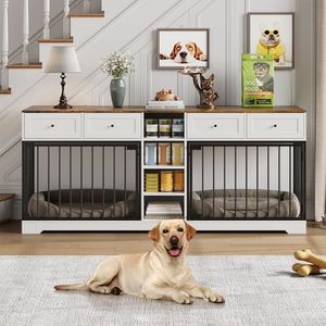 GarveeHome 82" Double Dog Crate Furniture, Large Dog Kennel Indoor for 2 Dogs, Heavy Duty Wooden Dog Crate TV Stand with 4 Drawers and Shelves, White