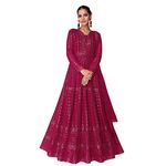 Miss Ethnik Women's Faux Georgette Full Sleeve Stitched Embroidered Ankle Length Pink Anarkali Gown with Dupatta (ME-1106-Pink-XL)