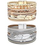 Gleamart Boho Leaf Bracelet Set 2 Pieces Magnetic Buckle Wrap Bangles Multilayer Leather Bracelets Present for Women Khaki And Silver