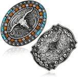 RechicGu 2 Pieces Turquoise Long Horn Bull Belt Buckles Western Cowboy Belt Buckle for Men Women Vintage Silver, 2 Styles