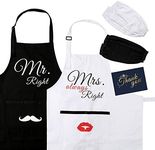 Mr Right and Mrs Always Right Couples Apron Gifts Set, Best Bridal Shower Gifts For Bride, Engagement Gifts For Her, Wedding Gifts For The Couple - 2 Pcs Apron with 4 Pcs Sleeves，Made of Canvas