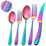 Runfly 20 Piece Hammered Raibow Silverware Set, 18/10 Stainless Steel Flatware Set, Modern Kitchen Utensil Set Service for 4, Tableware Set, Cutlery Set Including Fork Spoon and Knife