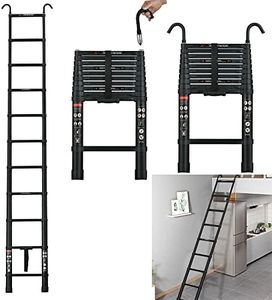10.5FT Telescoping Ladder Aluminum Telescopic Extension Ladder with 2 Detachable Hooks Lightweight Portable Collapsible Ladder Multi-Purpose RV Ladder for Outdoor,Home, 330LB Max Capacity, Black