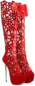 6,30 Pollici / 16 cm Stivali Alti al Ginocchio della Coscia delle Donne Sexy Tacco a Spillo Tacco Alto Nightclub Striptease Tacchi Alti Stivali della Piattaforma,Rosso,40 EU