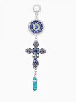 LUCKBOOSTIUM Blue Crystal Inlayed Cross & Blue Mandala Evil Eye Amulet w/Hanging Healing Stone - Nature, Energy, Rebirth, Growth Charms - Car & Home Charm Ornament (2"x8", Green Turquoise)