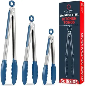 Kitchen Tongs with Silicone Tips Set of 3 Heat Resistant Tongs for Serving Food, 7-Inch, 9-Inch, 12-Inch Locking Silicone Tongs for Cooking, Salad Tong, Blue Kitchen Utensils