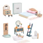 Dolls House Furniture, Wooden and Plastic Dollhouse Furniture Set, Bathroom and Bedroom Set, 24 PCS Dollhouse Accessories Pretend Play Furniture Toys for Boys Girls & Toddlers