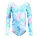 FYMNSI Gymnastics Leotards for Girls Kids Long Sleeve U-back Bodysuit Slim Fit Athletic Ballet Dance Top Ice Skating Jumpsuit Playsuit One-piece Traning Dancewear Biketard Unitards Blue Galaxy 5-6Y