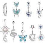 MILACOLATO Pack of 10 14G Belly Button Piercings Surgical Steel Long Pendant Dangly Cubic Zirconia Moonstone Snake Butterfly Belly Button Rings Piercing Jewellery Set Silver