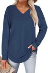 WIHOLL V Neck Sweater Women Soft Long Sleeve Tops Solid Color Navy Blue XL