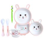 Funeiko Bamboo Fibre Dinner Set for Kids - Bamboo Feeding Set for Kids - Dinner Set for Kids, Bamboo Plates, Bowl, Spoon for Kids, Tableware Set for Kids (Rabbit Set)