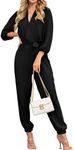 Cnlinkco Womens Elegant Long Sleeve Jumpsuits Dressy Rompers V Neck Belt with Pockets Casual One Piece Outfits Black L