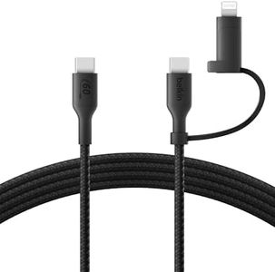Belkin 2-in-1 Charging Cable w/USB-C & Lightning Connector - Braided Fast-Charging Cable, USB-C to USB-C & Lightning Charger Cord, Multi-Charging Combo for Apple iPhone, iPad, Samsung, & More - Black