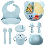 comeder Baby Weaning Set, 10 Pcs Silicone Baby Feeding Set, Baby Led Weaning Feeding Supplies for Toddlers, Baby Plates and Bowls Sets with Adjustable Bib, Food Plate Kit, Fork & Spoon (Blue)