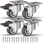 GBL Heavy Duty Castor Wheels with 2 Brakes + Screws - 25mm up to 40KG - Pack of 4 No Floor Marks Silent Caster for Furniture - Rubbered Trolley Wheels - Silver Castors