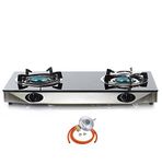 NJ NGB-S2 Indoor Gas Stove 2 burners Hob Black Glass Cooker 6.8kW with Regulator Set (Butane 29mbar Screw-on)