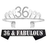 36th Birthday Sash and Tiara for Women - Fabulous Glitter Sash + Waves Rhinestone Silver Premium Metal Tiara for Her, 36th Birthday Gifts for 36 Party, 2 Piece Set, Metal