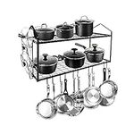LADER 30Inch Wall Mounted Pot and Lid Rack, 2 Tiers Pots and Pans Organizer for Kitchen Organization & Storage, Large Size Black Hanging Pot rack, Wall Shelf with 5 connect Hooks, Lid Rack