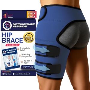 Dr. Arthritis Stabilizing Hip Brace for Men & Women, Thigh Compression Sleeve & Hip Support for Muscle Recovery, Hamstring Brace with Handbook, Sciatica Pain Relief Devices - Left Leg (S/M, Navy)