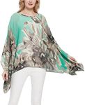 Max Hsuan Women's Loose Solid Sheer Chiffon Caftan Poncho Batwing Tunic Top Blouse Summer Oversized Shirts, Green Grey Floral, One Size Plus