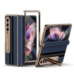 karenDon for Samsung Galaxy Z Fold 3 Phone Case,Luxury Genuine Leather,Full Body Hinge Protection,Built-in Screen Protector,Kickstand Drop Proof Protective Cover for Galaxy Z Fold3 (Blue)