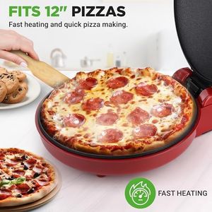 NutriChef Countertop Pizza Maker | 1500W Non-Stick Electric Pizza Cooker | Make 12" Personal Pizzas, Eggs, Toast & More | Cool-Touch Handles, Compact & Space-Saving | Temp Range 175-400°F | Red