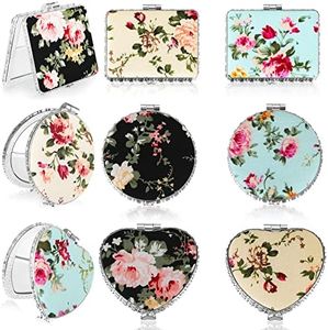 Blulu 9 Pcs Vintage Pocket Mirror Bulk for Women Purse Mirror Compact Portable Travel Mirror Small Folding Mirror Floral Pocket Mirror for Women Beauty, Round Square Heart(Silver,Peony Pattern)