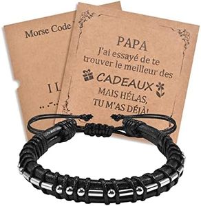YELUWA I Love You Moss Code Leather Braided Adjustable Men's Bracelet for Dad and Grandpa with Box and Card, Father's Day and Birthday Gift FR, 4.0 Zentimeters, Stainless Steel, Bead