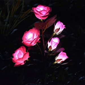 [Upgraded 6 Flowers]Solar Garden Decorative Artificial Flowers Lights, Outdoor Waterproof Rose Stake Light for Country Yard Front Porch Step Pathway Memorial Cemetery Grave Gravesite Decor,Pink