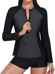 Daci Women Long Sleeve Rash Guard 2 Piece with Boy Shorts Zipper Swimsuit UPF 50 Bathing Suit Black Grey 2 XS