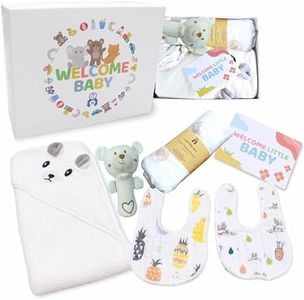 Cantoblanc® Cesta Bebé Recién Nacido. Regalo Canastilla Bebé Unisex Niño y Niña. Baby Gift Set. Caja Pack Bienvenida: Toalla Baño con Capucha, Muselina, 2 Baberos Absorbentes y Sonajero