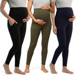 The Mom Store Maternity Leggings Combo of 3 | Comfort Stretch Pregnancy Leggings for Women | Over The Belly Design | Olive, Navy & Black | M