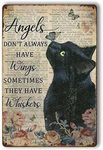 NEDE Tin Signs (2) Vintage Floral Black Cat Lovers Gift Metal Sign Plaque Man Cave Bar Pub Club Home Wall Decoration Angels Don't Always Have Wings Sometimes They Whiskers 12x8 Inch