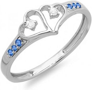 Sterling Silver Round White Diamond & Blue Sapphire Ladies Promise Double Heart Love Ring (Size 7.5)