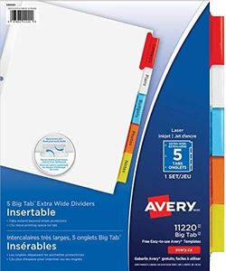 Avery Big Tab Insertable Extra Wide Dividers for 3 Ring Binders, 9" x 11", 5 tabs, Multi-Colour, 1 Set(11220)