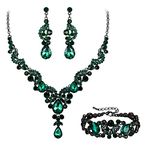 Ever Faith Wedding Bridal Jewellery Set, Rhinestone Crystal Art Deco Floral Vine Teardrop Necklace Earrings Bracelet Set Green Black-Tone