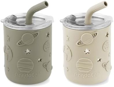 PandaEar 2 Pack Stainless Steel Toddler Cups with Lids & Silicone Sleeves | Spill Proof Sippy Cups with Straw Stopper & Teething-Friendly Straws for Kids & Babies (Beige & Khaki)