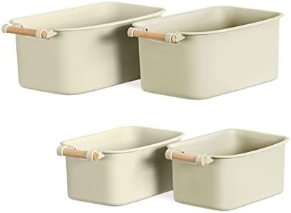 Navaris Panier Rangement Salle de Bain - Lot de 4X bac de Rangement avec poignée en Bois - Corbeille Organisateur Cuisine Placard Chambre
