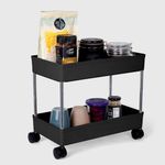 AEXONIZ Plastic Kitchen Storage Trolley Rack with Wheels, Slide Out Storage Shelves Space Saving Home Storage Organizer Racks, Rolling Utility Cart (Black, 2 Layer)