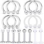 D.Bella 16Pcs Surgical Steel Lip Rings Clear Diamond CZ Labret Studs Tragus Horseshoe Ring Helix Hoop Earring Body Jewelry Piercing Retainer for Women Men 16 Gauge