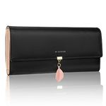 FT FUNTOR PU Leather Wallet for Women RFID Blocking Ladies Leaf Pendant Coin Zipper Long Purse with Multiple Card Slots and Card Holders Phone Pocket (L-Black)