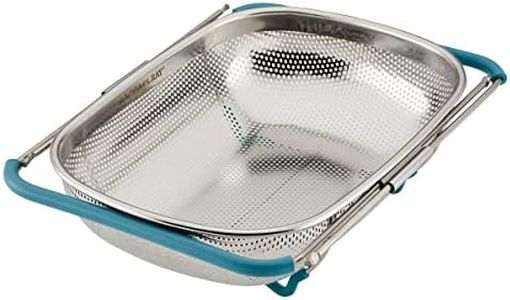 Rachael Ray Tools and Gadgets Over-The-Sink Colander/Strainer, 4.5 Quart, Stainless Steel with Agave Blue Handles