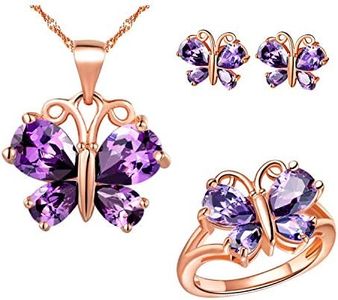 Uloveido Rose Gold Plated Purple Crystal Butterfly Earrings Ring and Necklace Jewelry Set for Mom Sister Birthday Gift with Gift Box T234